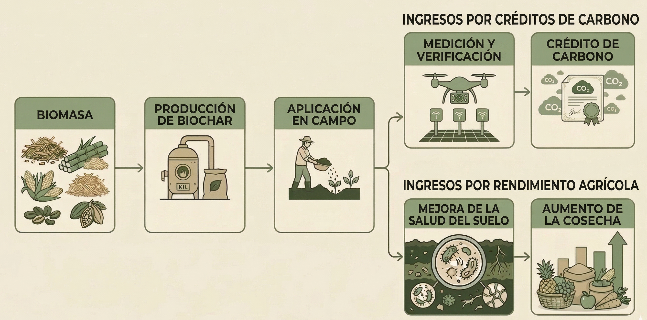 Diagrama del sistema integrado mostrando biomasa, producci&oacute;n de biochar, aplicaci&oacute;n en campo, medici&oacute;n y verificaci&oacute;n, cr&eacute;dito de carbono, mejora de la salud del suelo y aumento de la cosecha